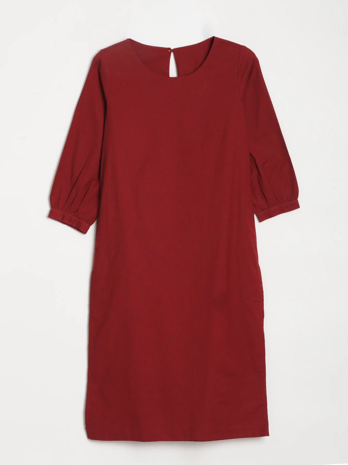 Women Maroon Airy Linen Puff Sleeve Long Kurta