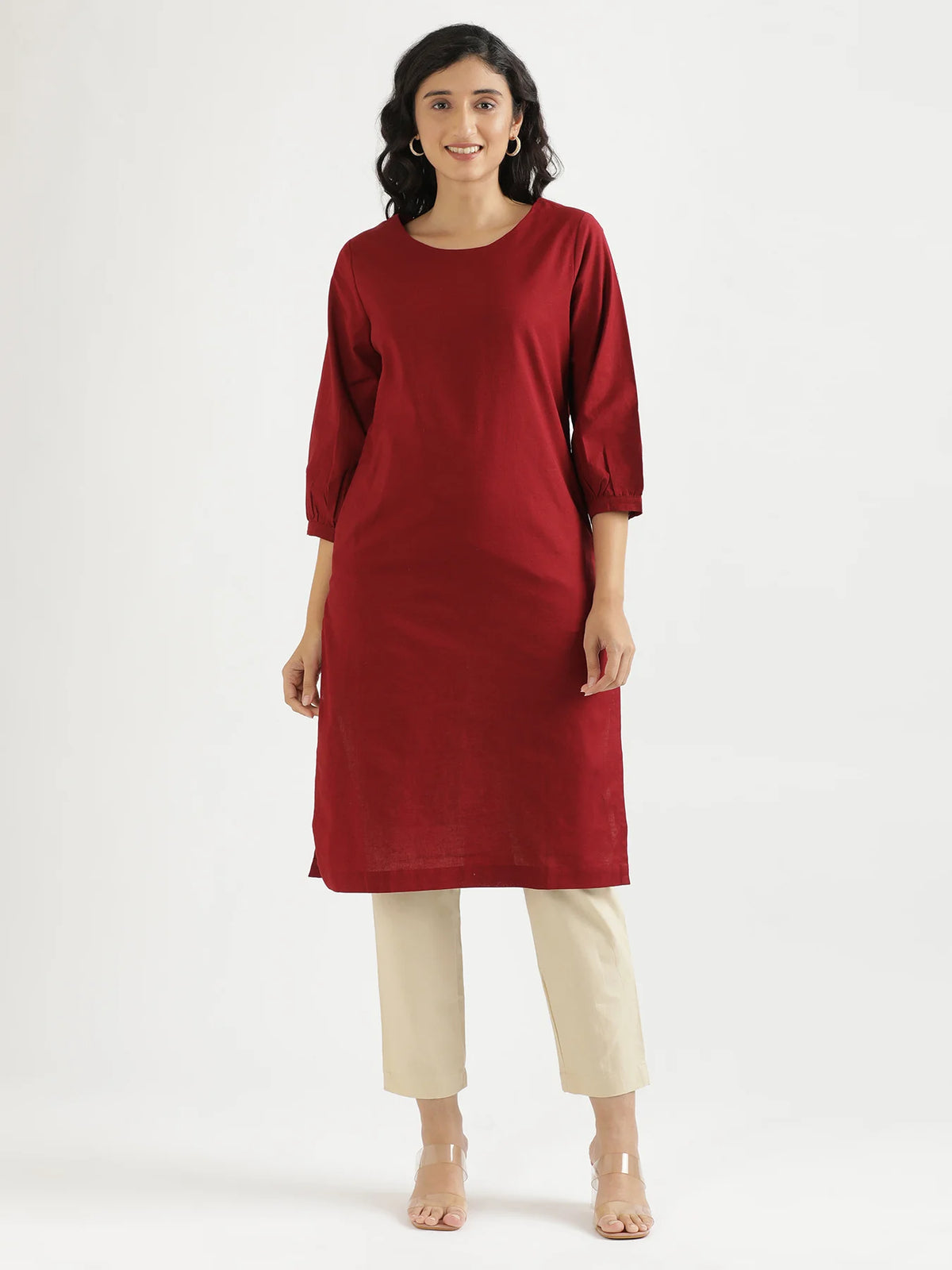 Women Maroon Airy Linen Puff Sleeve Long Kurta