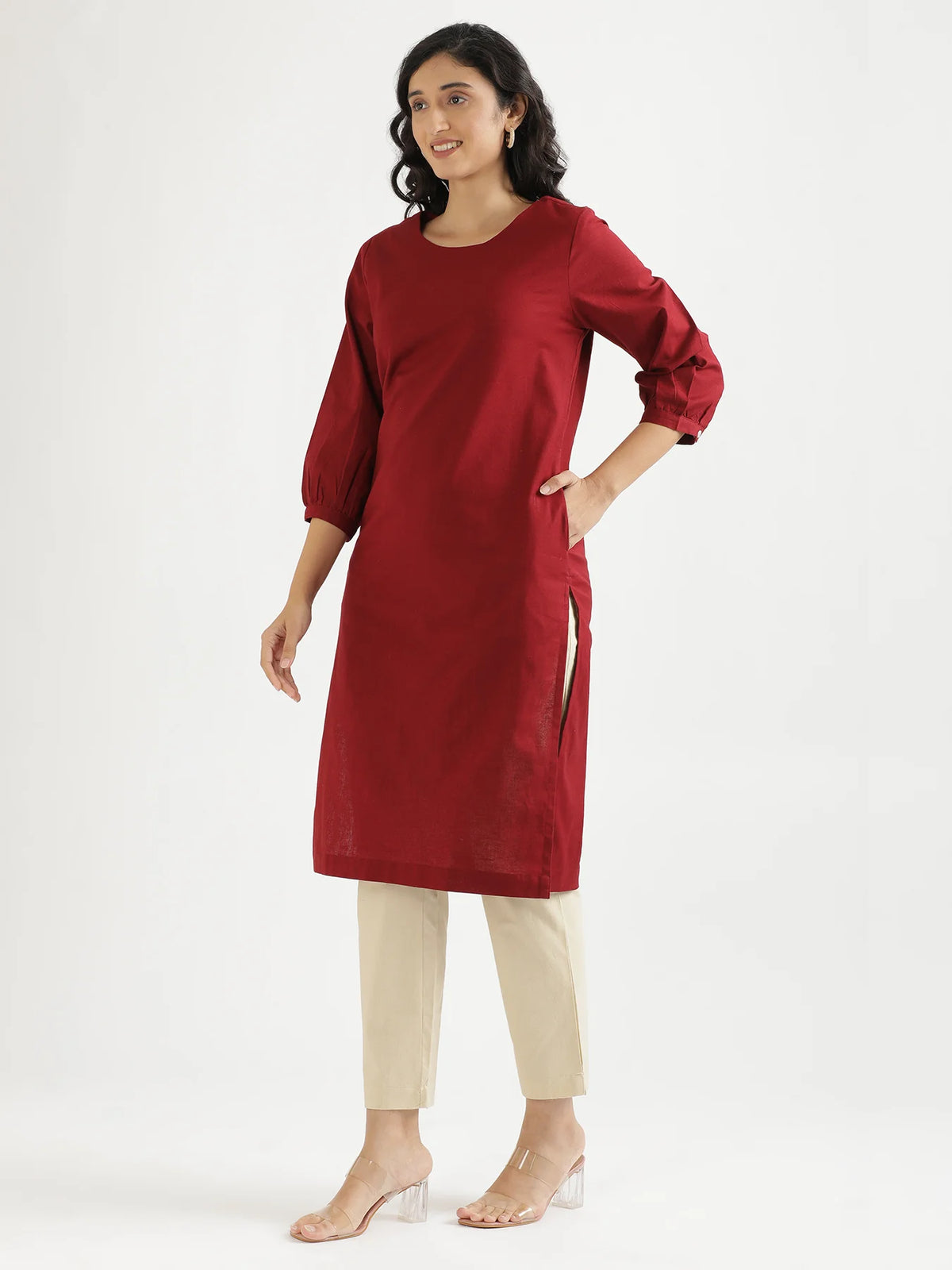 Women Maroon Airy Linen Puff Sleeve Long Kurta