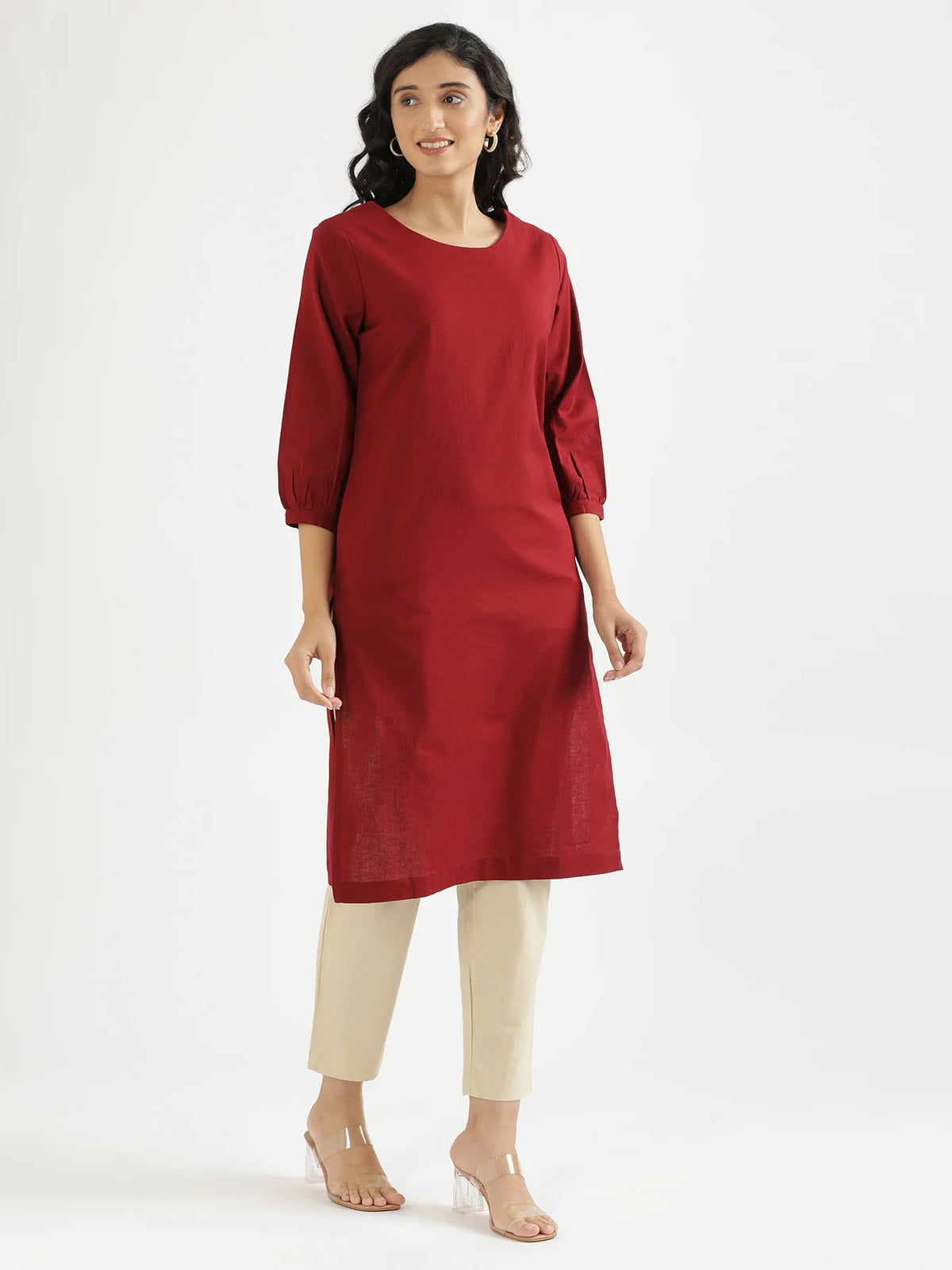 Women Maroon Airy Linen Puff Sleeve Long Kurta