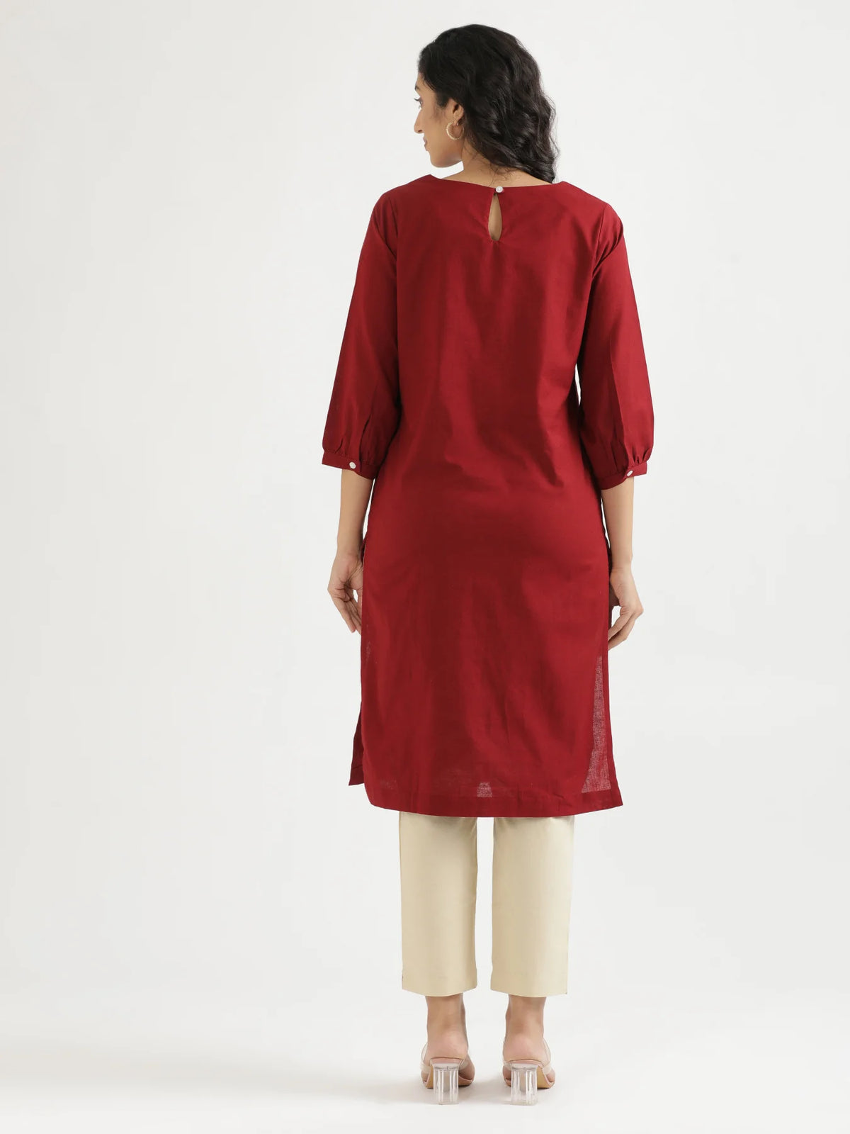Women Maroon Airy Linen Puff Sleeve Long Kurta