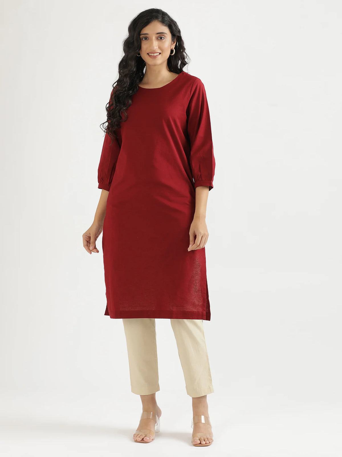 Women Maroon Airy Linen Puff Sleeve Long Kurta