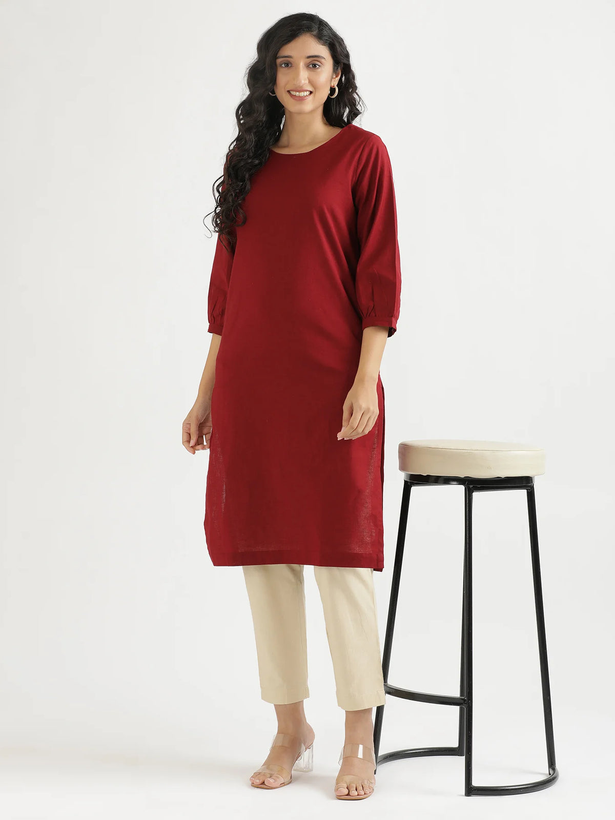 Women Maroon Airy Linen Puff Sleeve Long Kurta