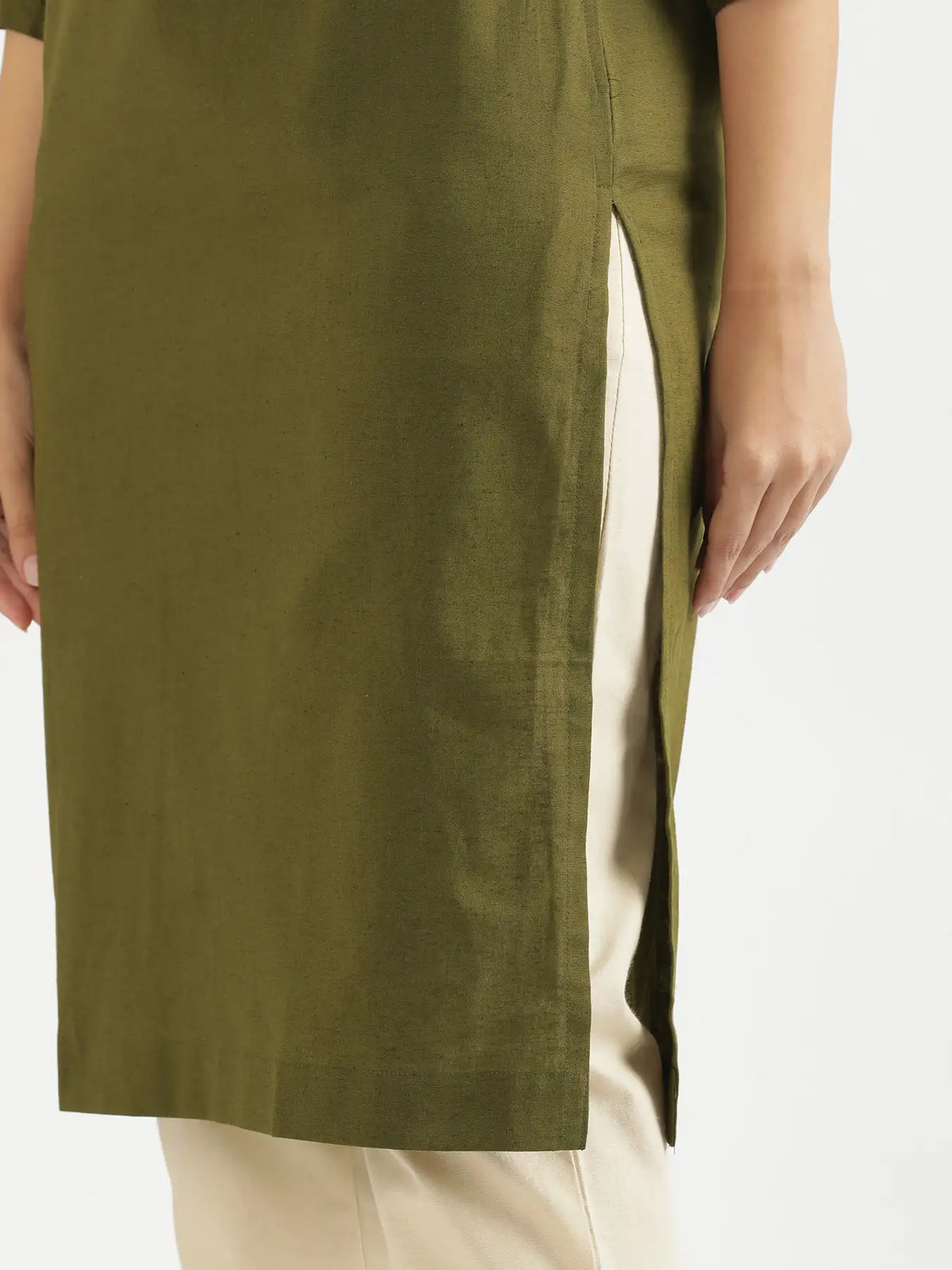 Women Olive Green Airy Linen Puff Sleeve Long Kurta