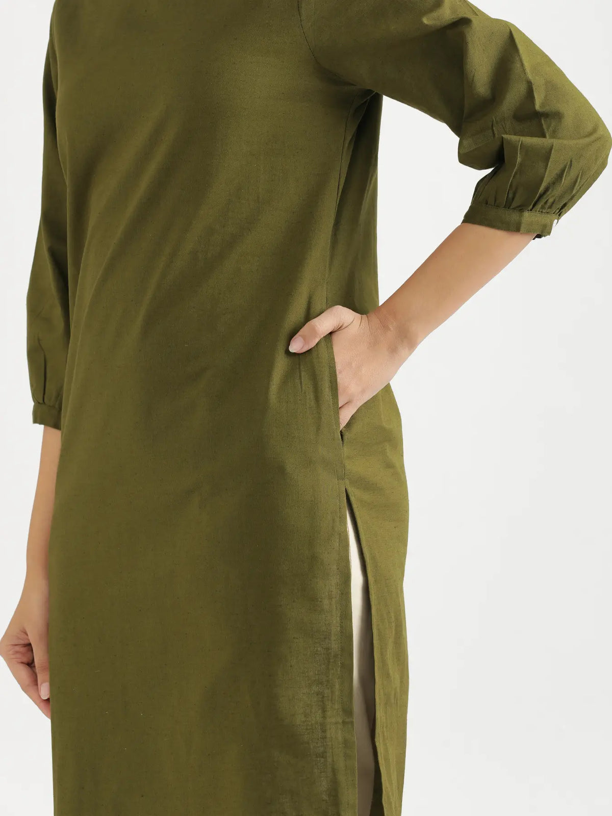 Women Olive Green Airy Linen Puff Sleeve Long Kurta