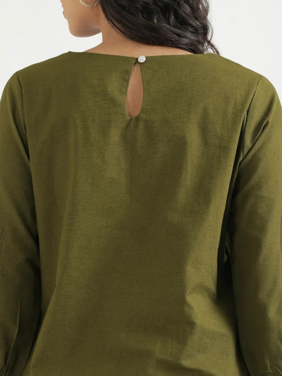 Women Olive Green Airy Linen Puff Sleeve Long Kurta