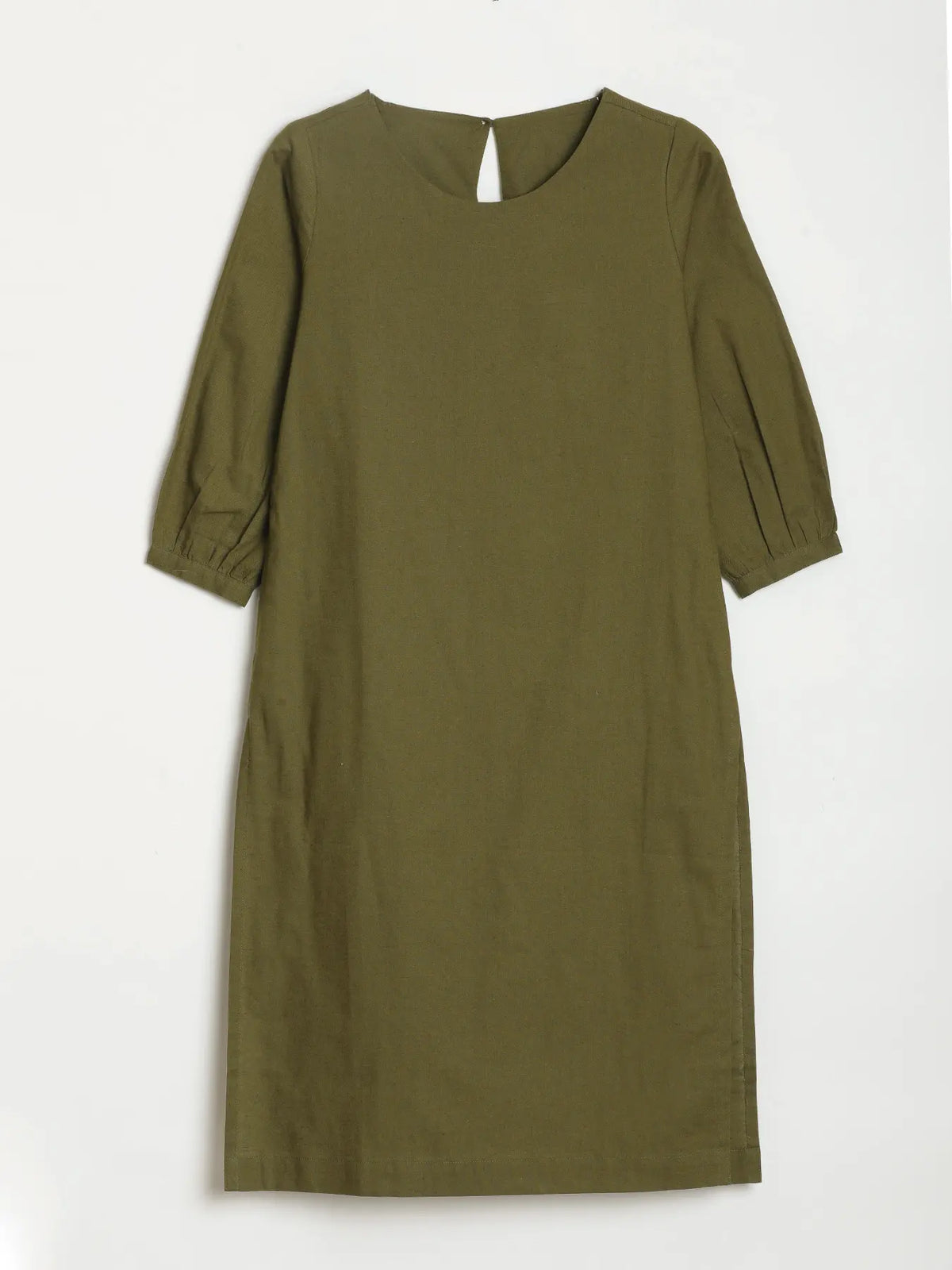 Women Olive Green Airy Linen Puff Sleeve Long Kurta