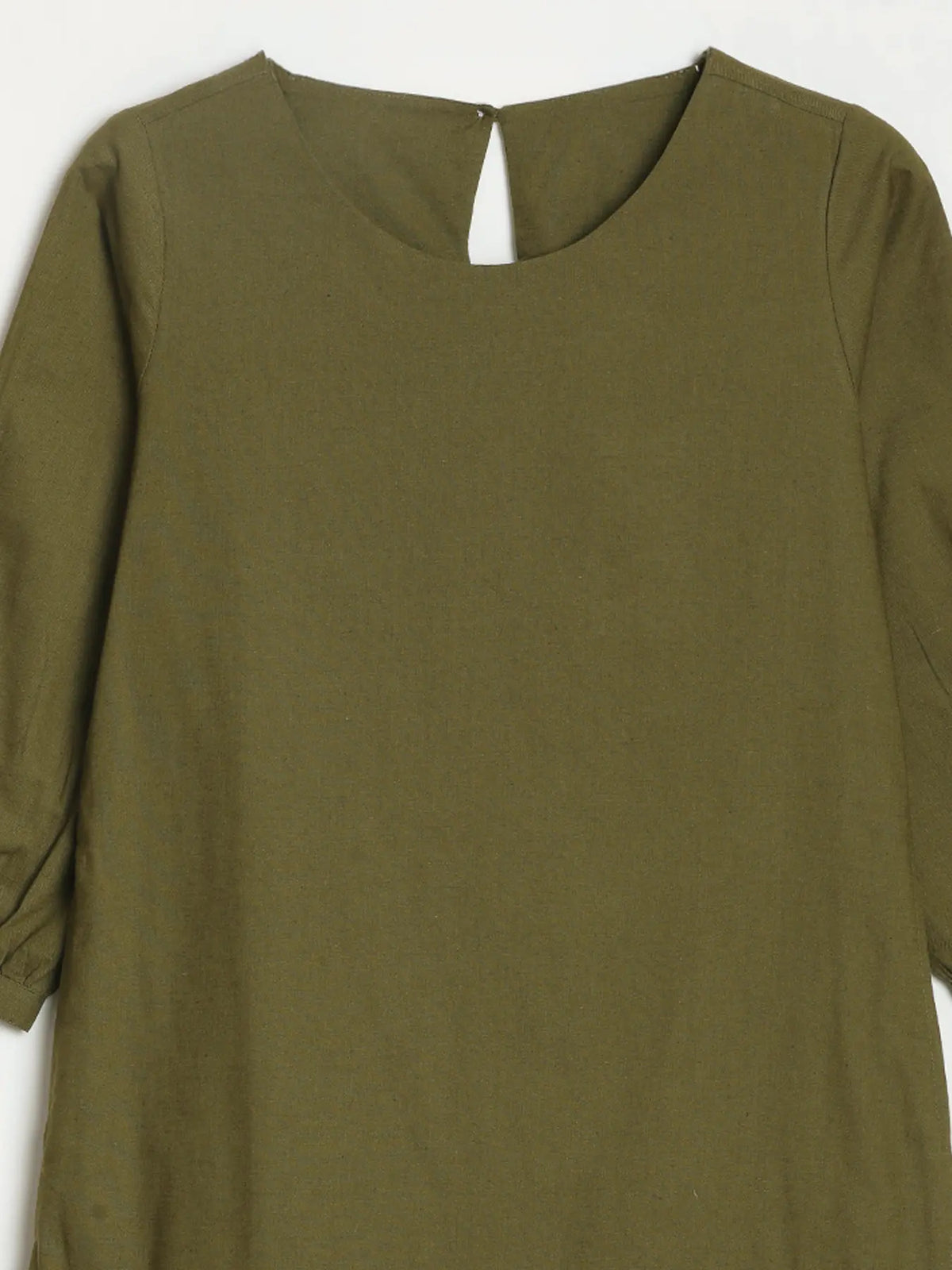 Women Olive Green Airy Linen Puff Sleeve Long Kurta