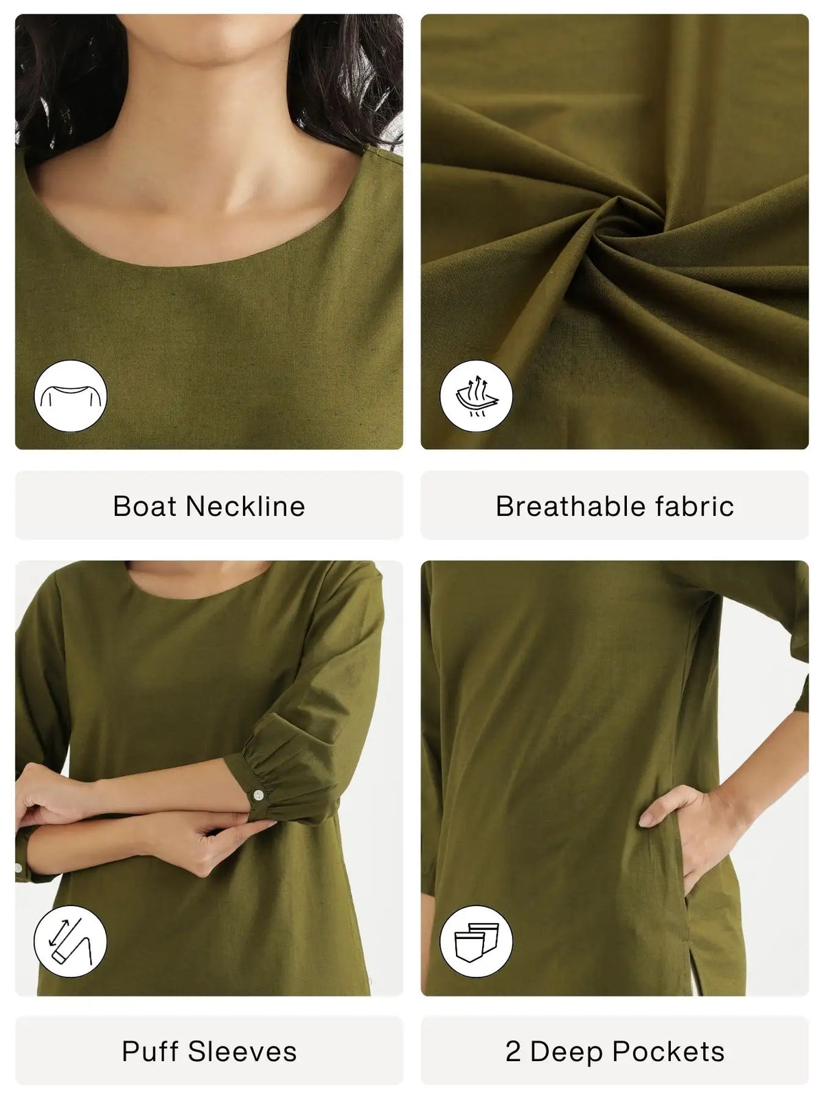 Women Olive Green Airy Linen Puff Sleeve Long Kurta
