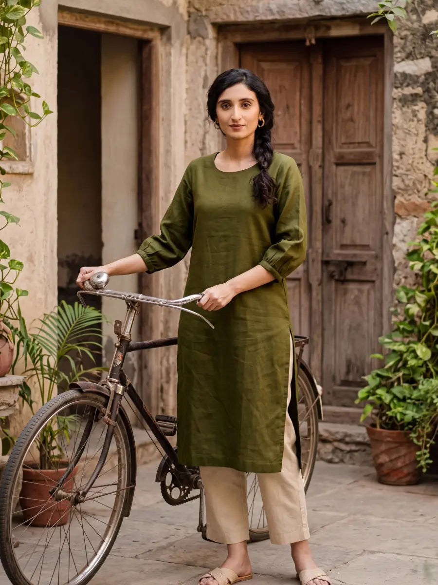Women Olive Green Airy Linen Puff Sleeve Long Kurta