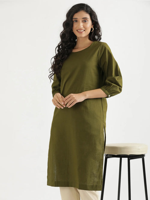 Women Olive Green Airy Linen Puff Sleeve Long Kurta