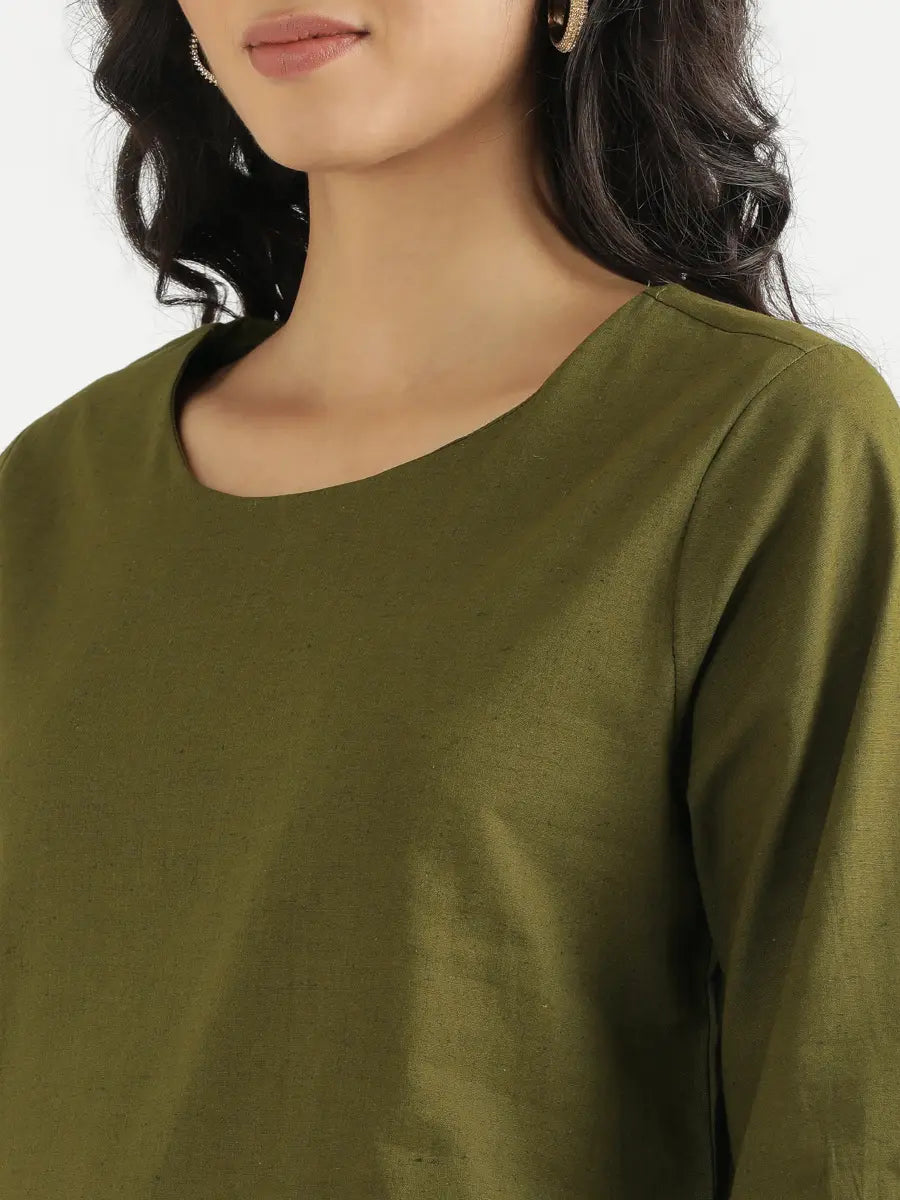 Women Olive Green Airy Linen Puff Sleeve Long Kurta