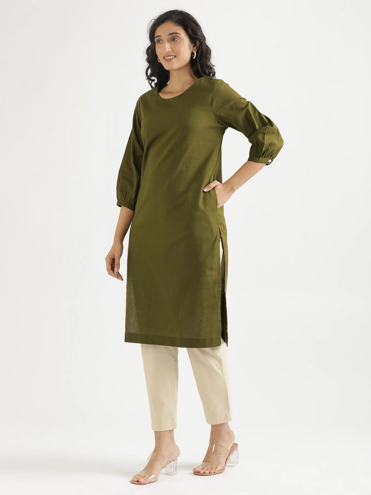 Women Olive Green Airy Linen Puff Sleeve Long Kurta