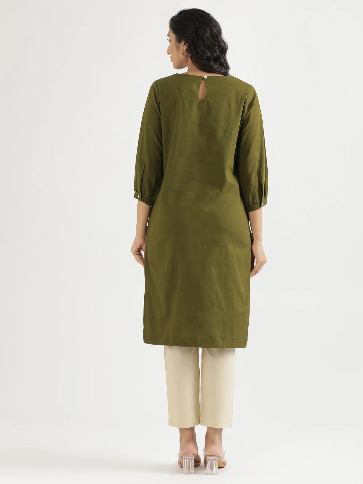 Women Olive Green Airy Linen Puff Sleeve Long Kurta