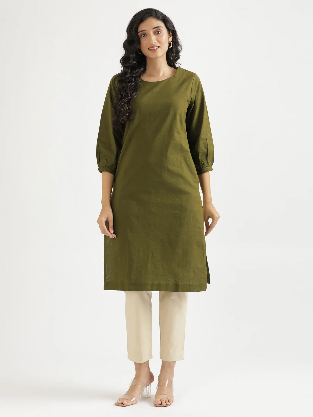 Women Olive Green Airy Linen Puff Sleeve Long Kurta