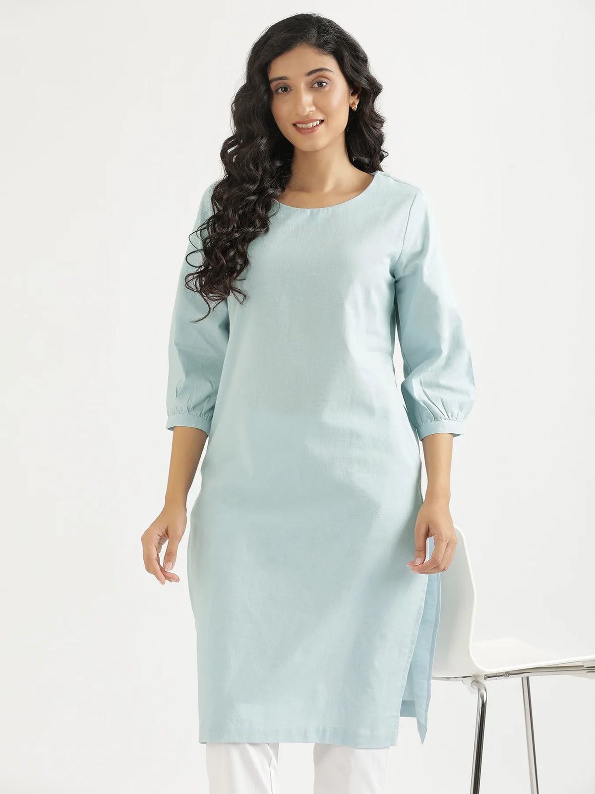 Women Sky Blue Airy Linen Puff Sleeve Long Kurta