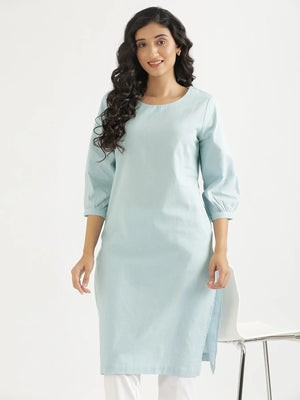 Women Sky Blue Airy Linen Puff Sleeve Long Kurta