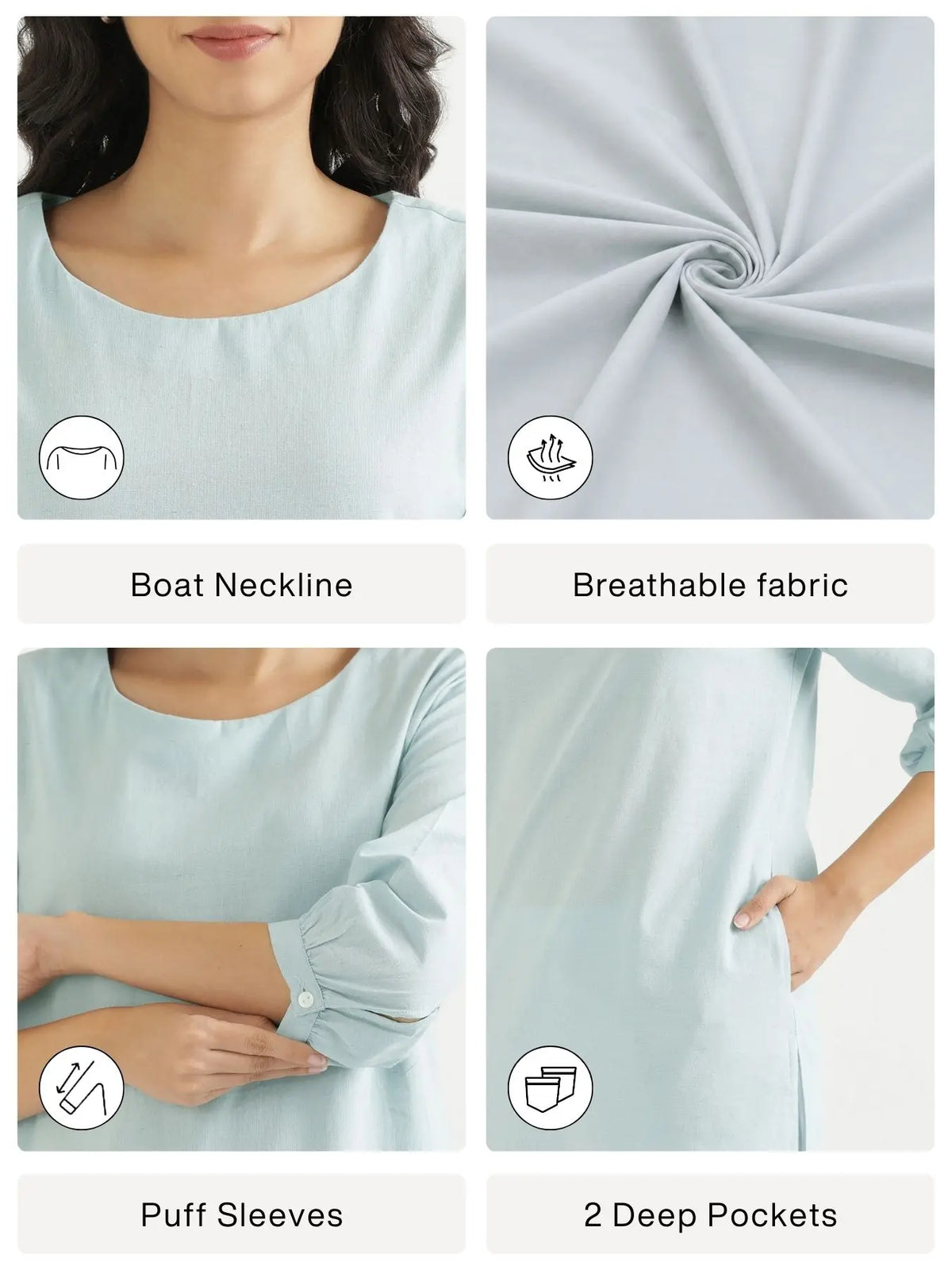 Women Sky Blue Airy Linen Puff Sleeve Long Kurta