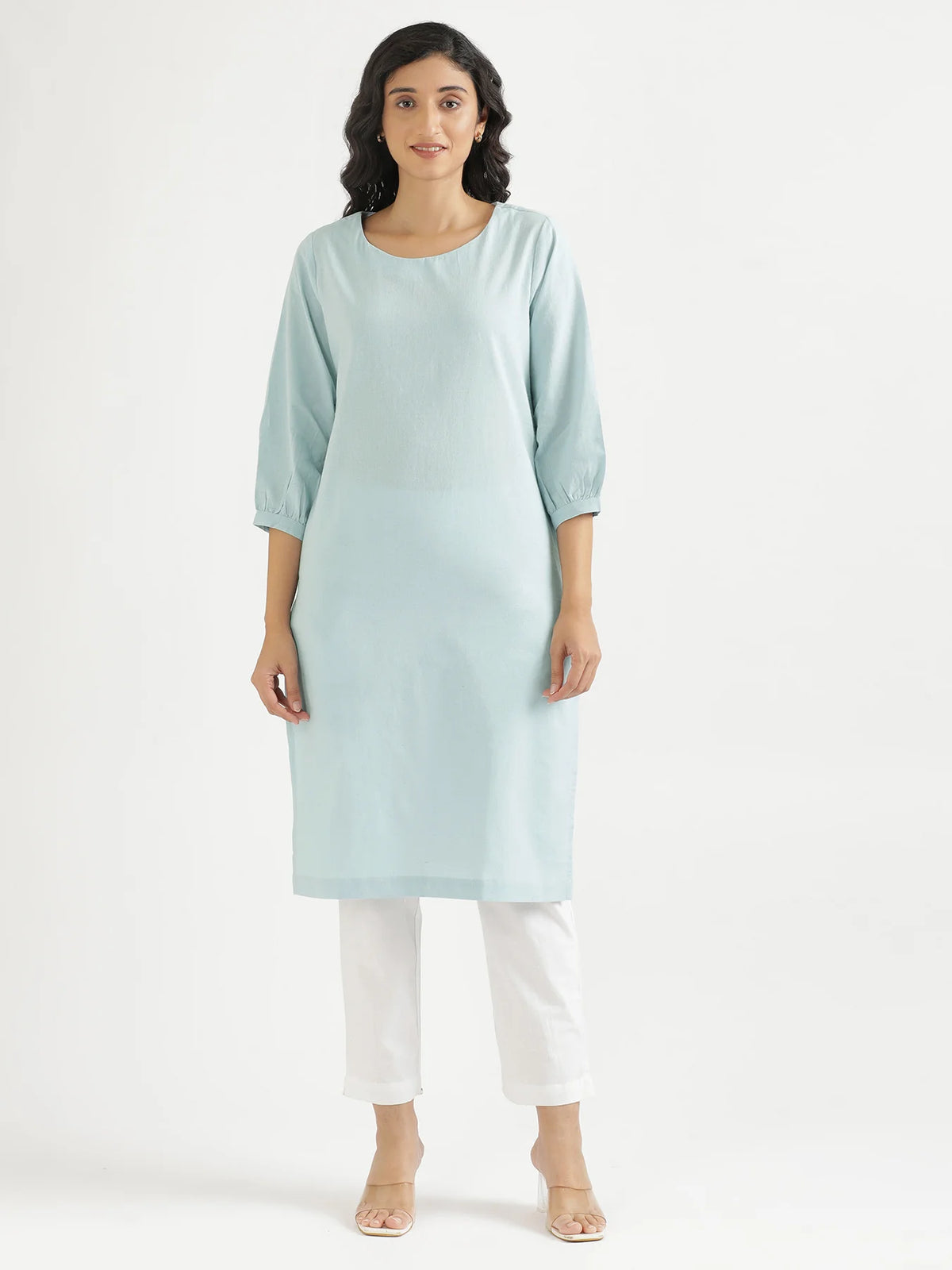 Women Sky Blue Airy Linen Puff Sleeve Long Kurta