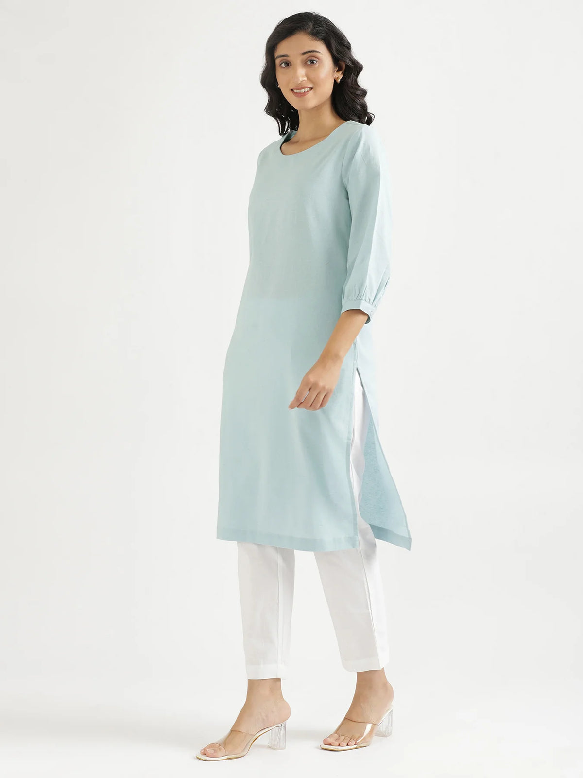 Women Sky Blue Airy Linen Puff Sleeve Long Kurta
