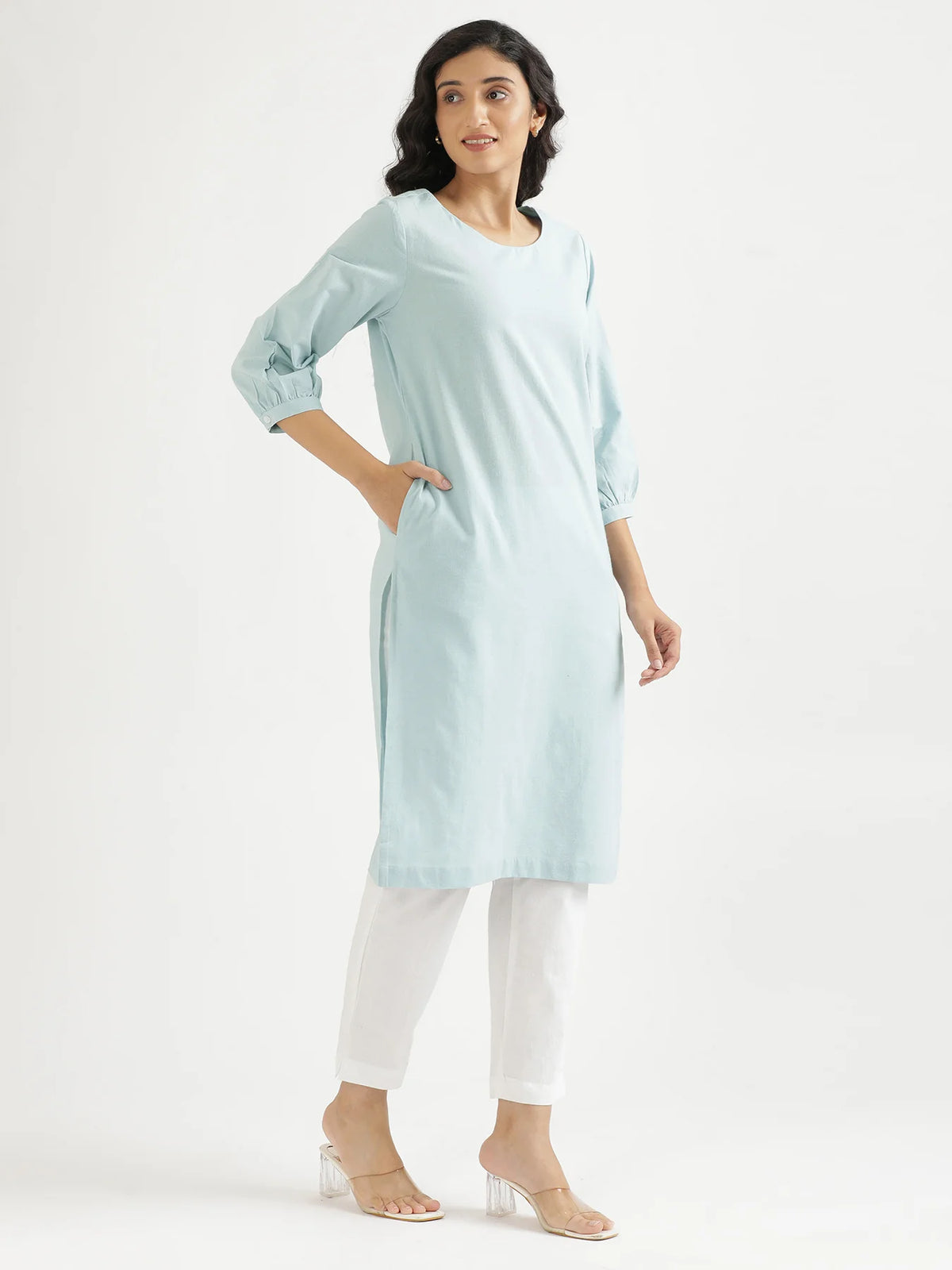 Women Sky Blue Airy Linen Puff Sleeve Long Kurta