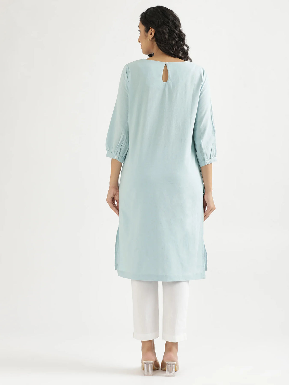 Women Sky Blue Airy Linen Puff Sleeve Long Kurta