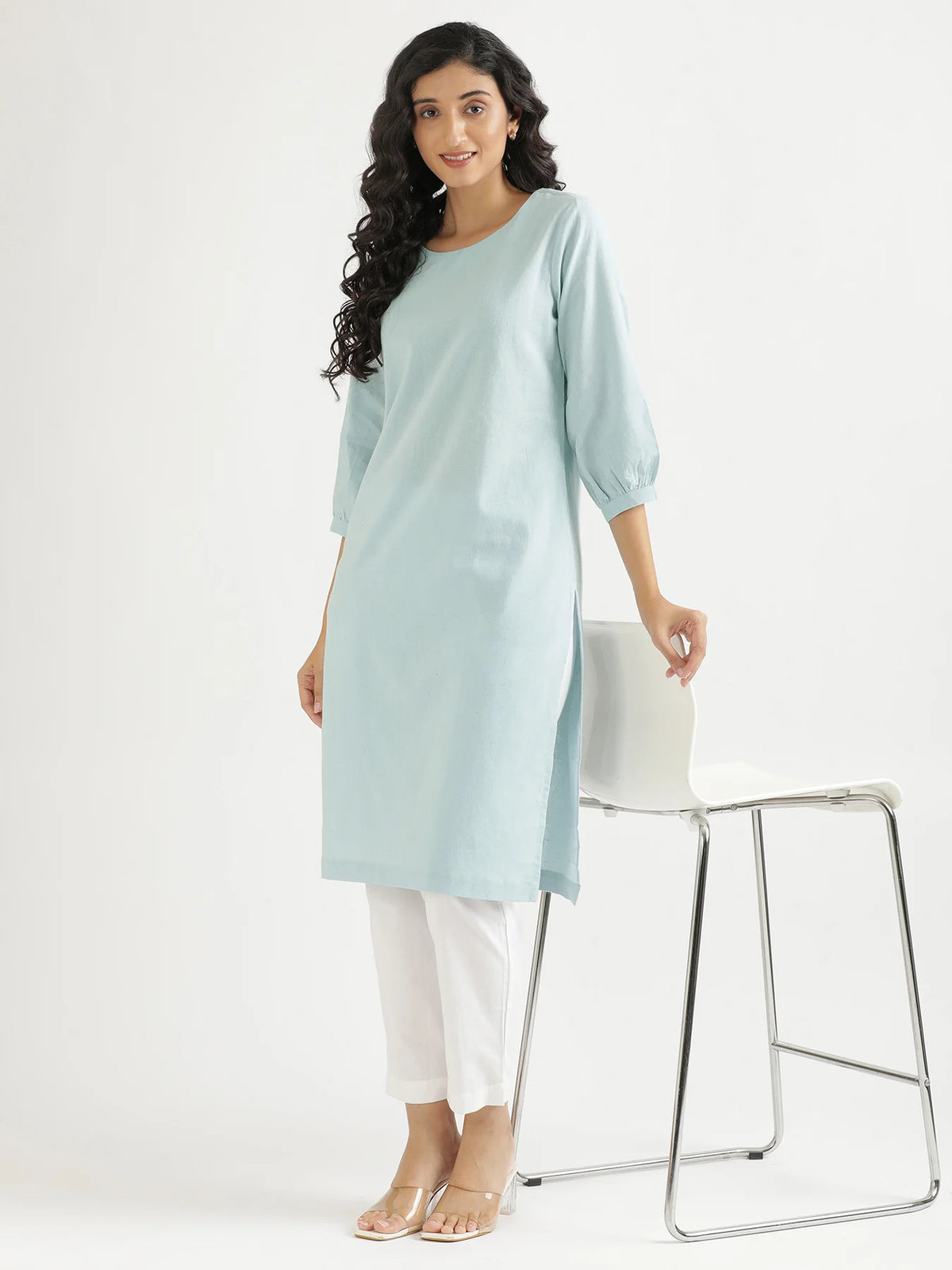 Women Sky Blue Airy Linen Puff Sleeve Long Kurta