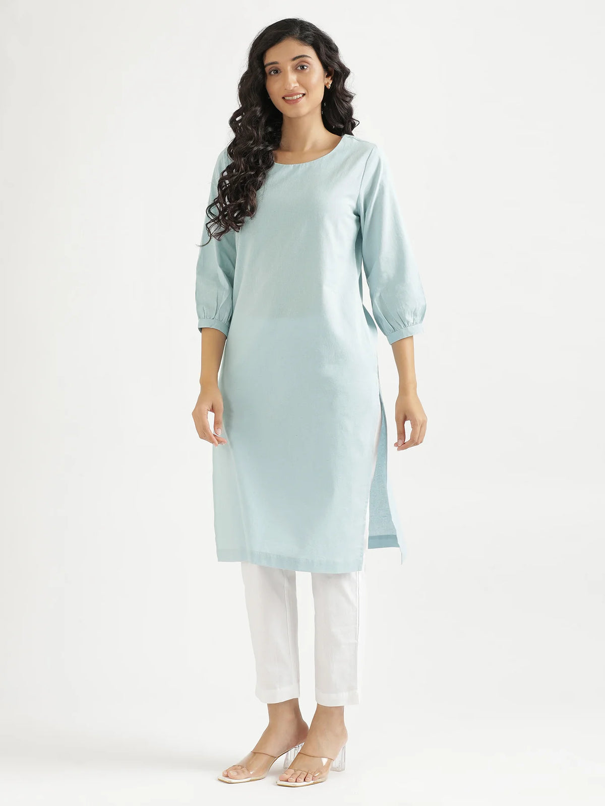 Women Sky Blue Airy Linen Puff Sleeve Long Kurta