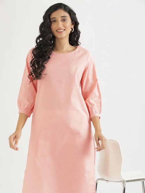 Women Salmon Pink Airy Linen Puff Sleeve Long Kurta