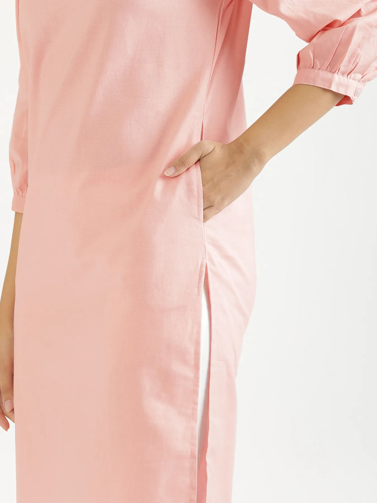 Women Salmon Pink Airy Linen Puff Sleeve Long Kurta