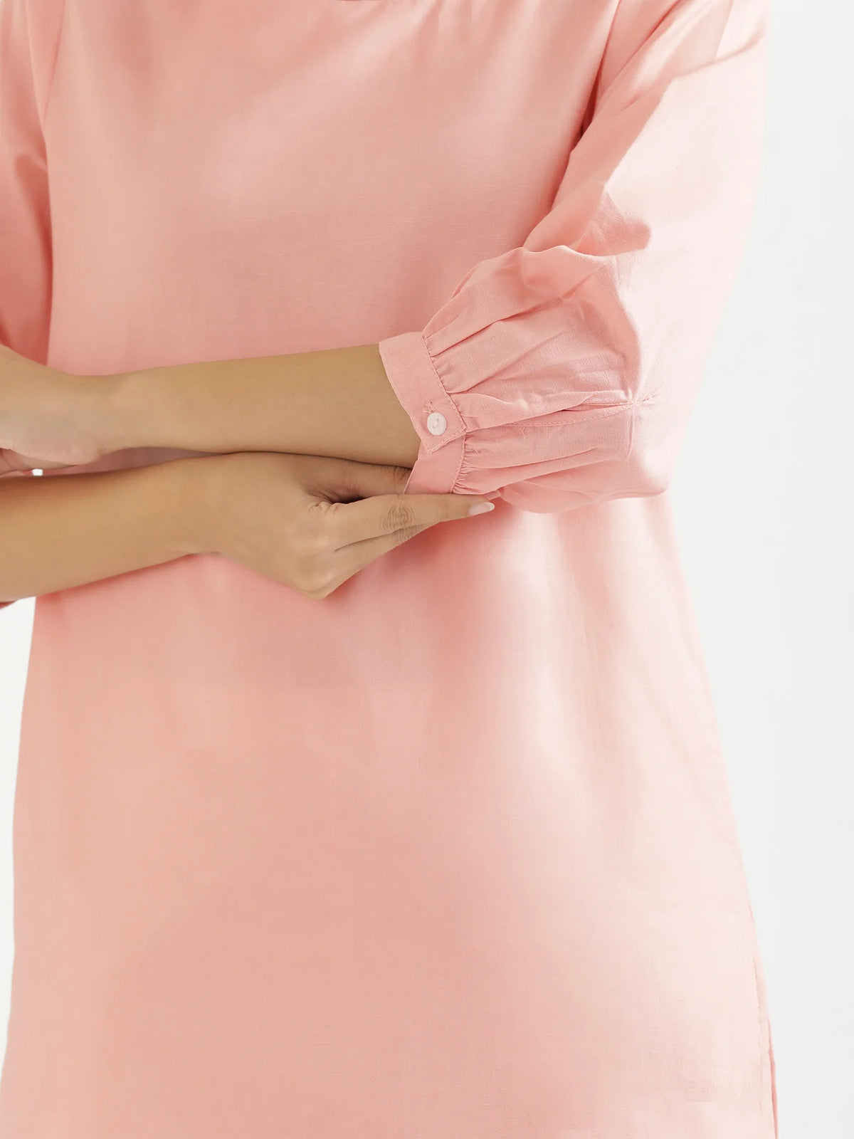 Women Salmon Pink Airy Linen Puff Sleeve Long Kurta