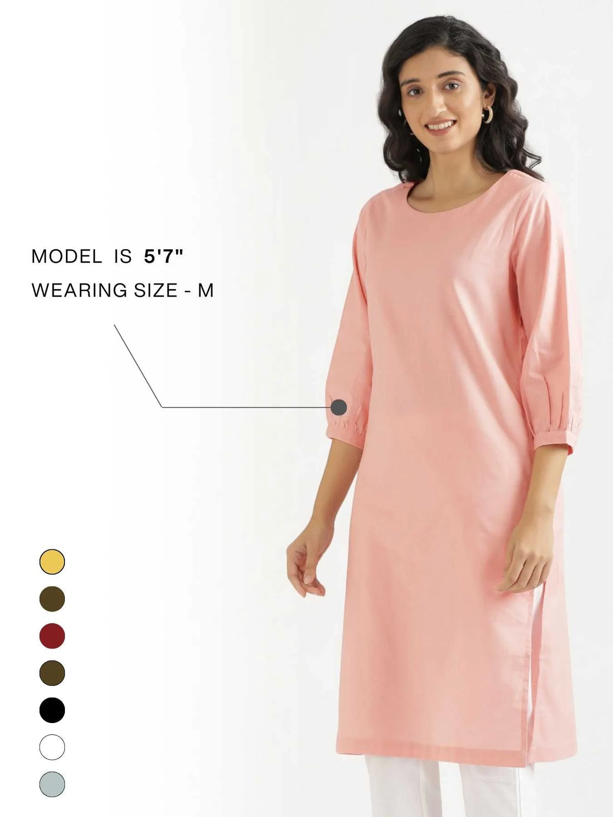 Women Salmon Pink Airy Linen Puff Sleeve Long Kurta