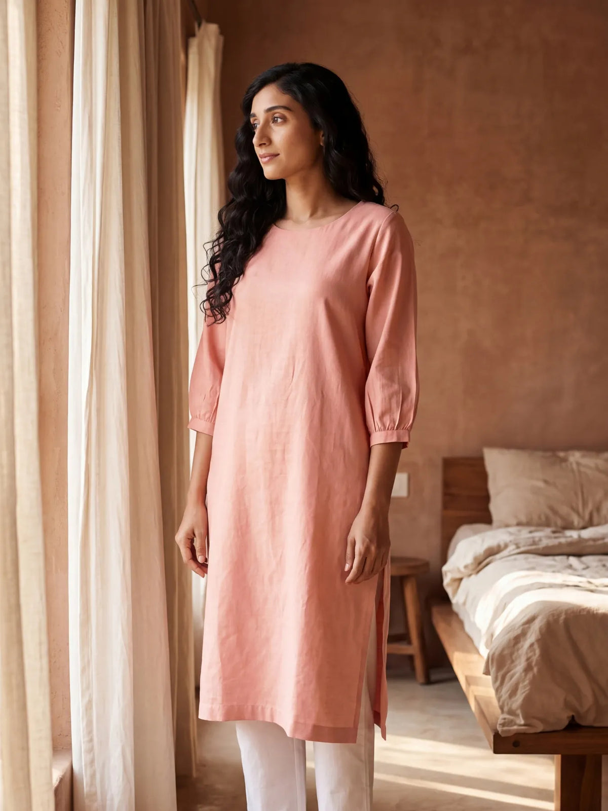 Women Salmon Pink Airy Linen Puff Sleeve Long Kurta