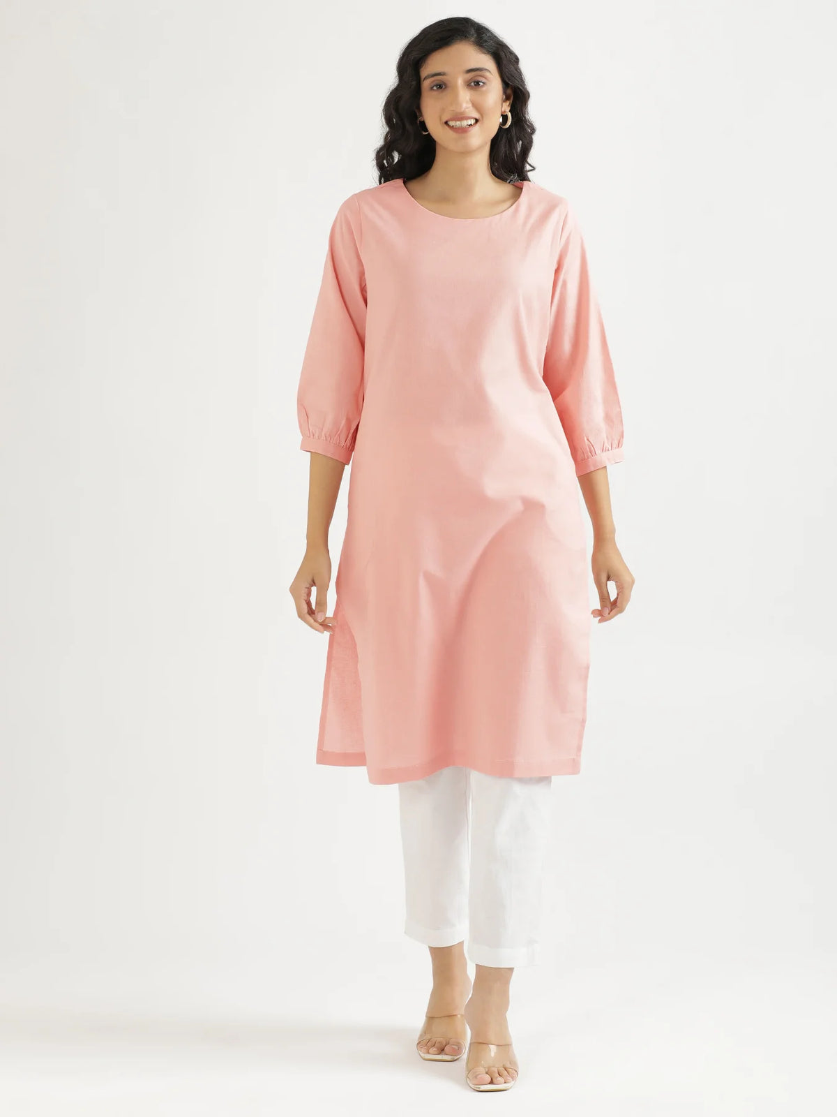 Women Salmon Pink Airy Linen Puff Sleeve Long Kurta