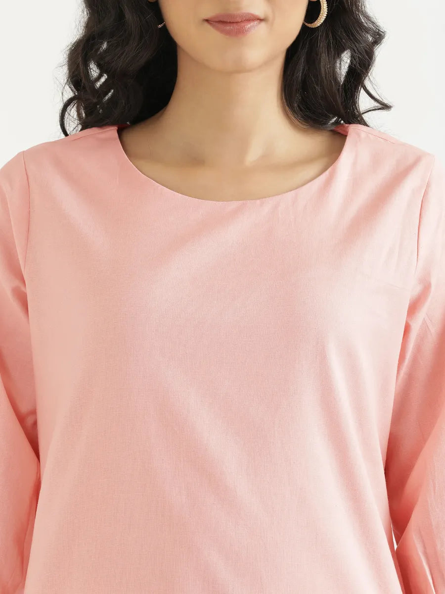 Women Salmon Pink Airy Linen Puff Sleeve Long Kurta