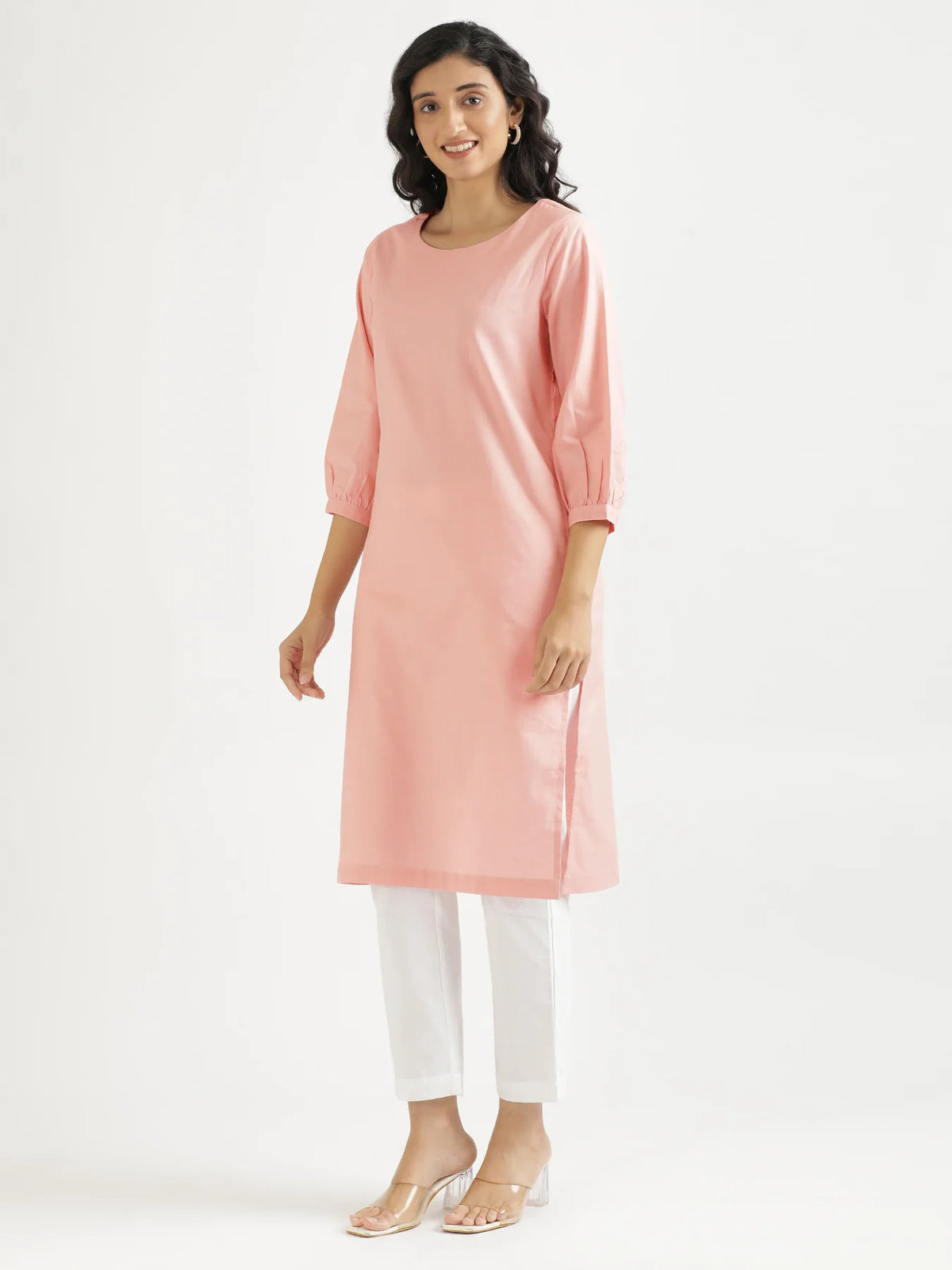 Women Salmon Pink Airy Linen Puff Sleeve Long Kurta