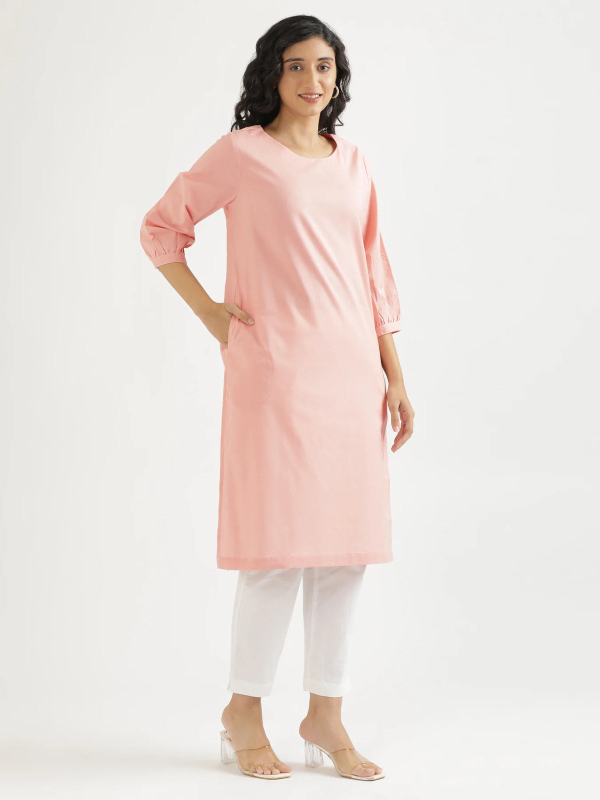 Women Salmon Pink Airy Linen Puff Sleeve Long Kurta