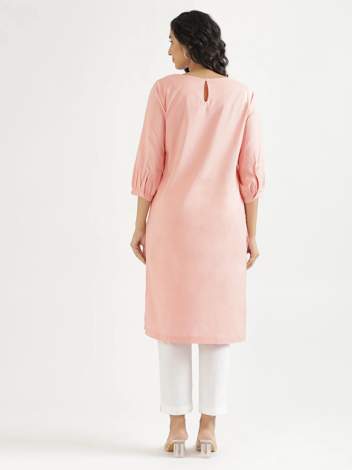 Women Salmon Pink Airy Linen Puff Sleeve Long Kurta