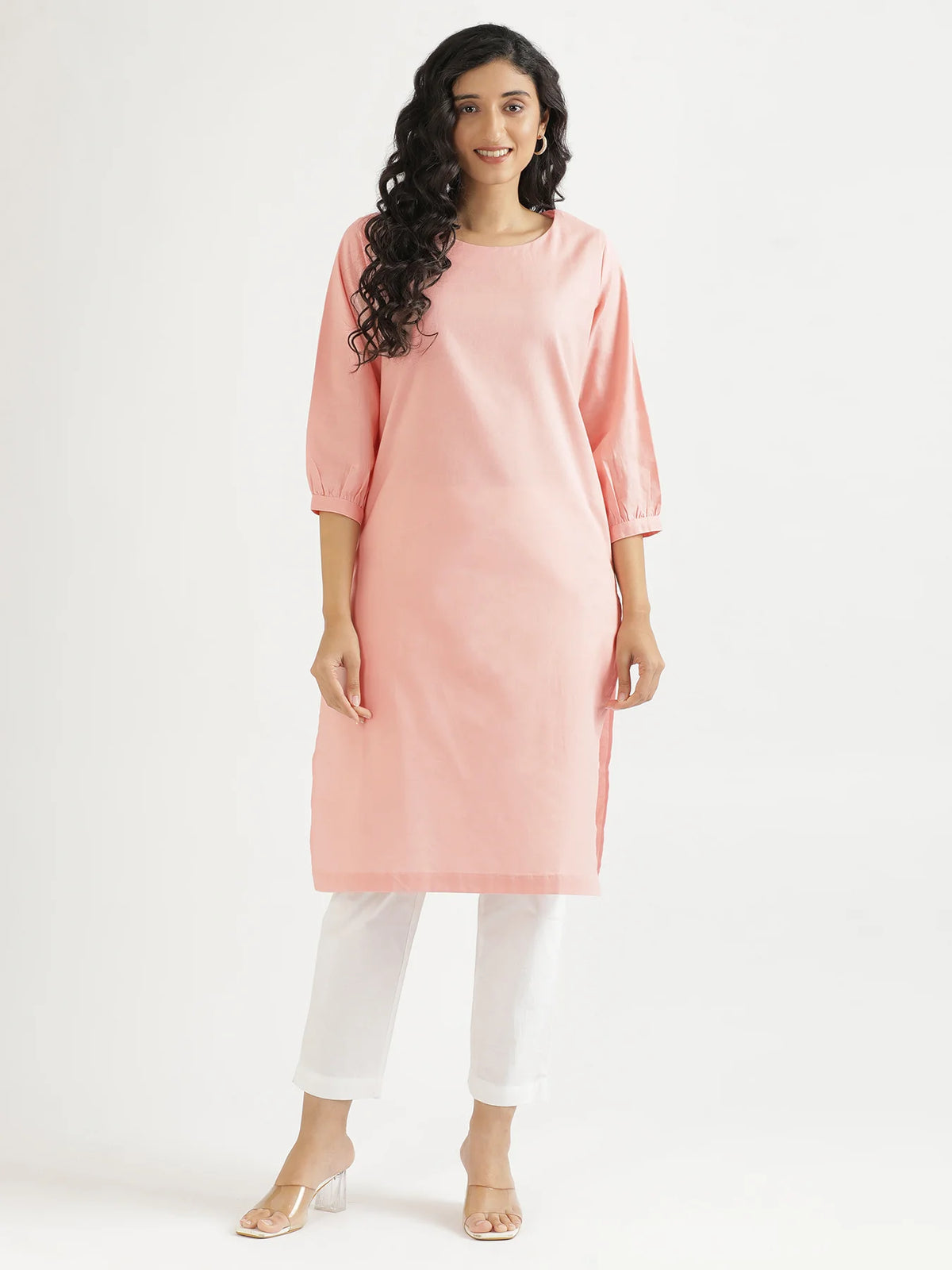 Women Salmon Pink Airy Linen Puff Sleeve Long Kurta