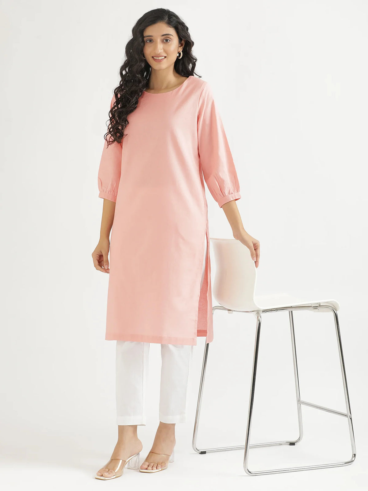 Women Salmon Pink Airy Linen Puff Sleeve Long Kurta