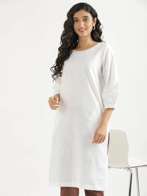 Women White Airy Linen Puff Sleeve Long Kurta