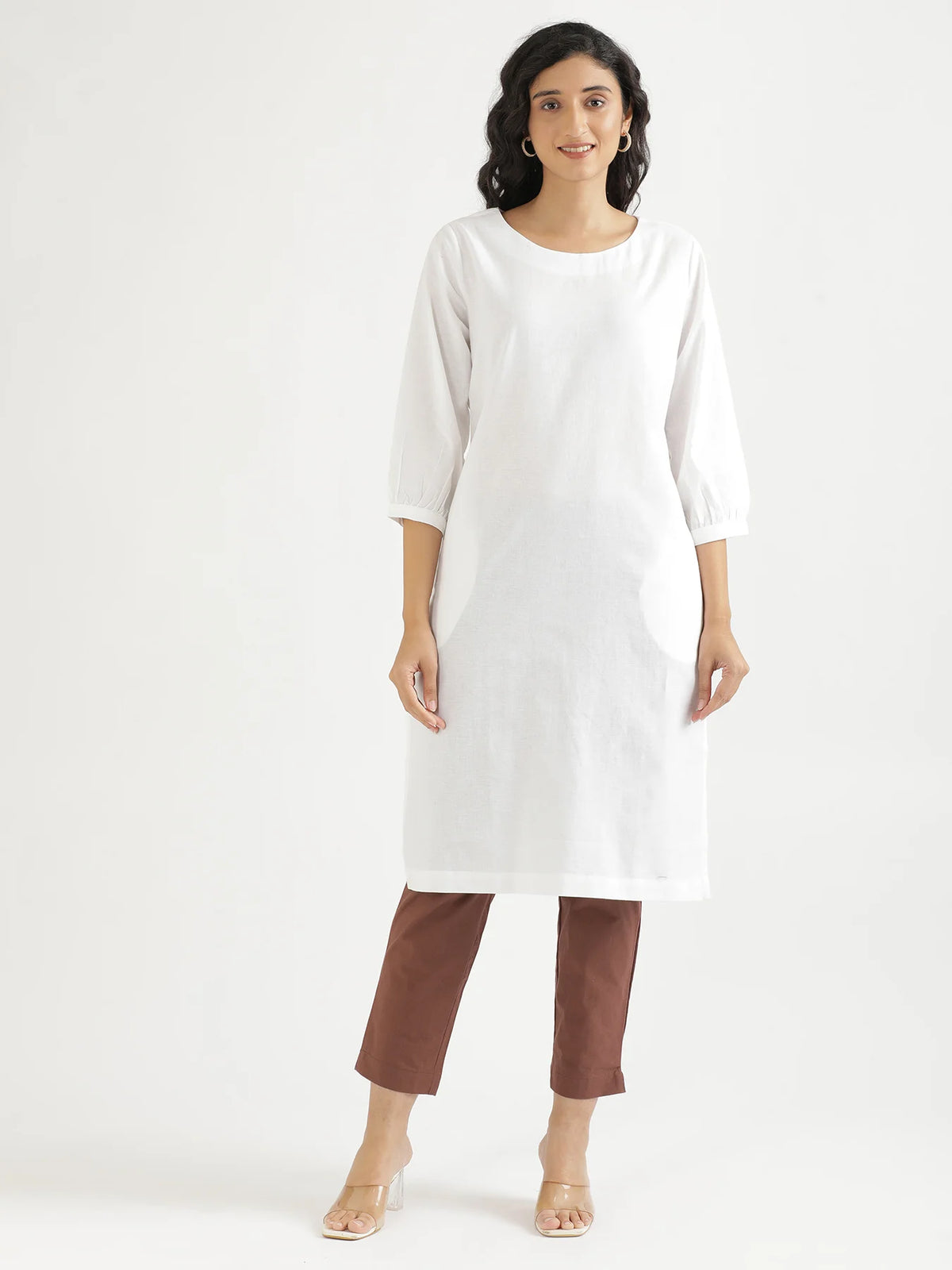 Women White Airy Linen Puff Sleeve Long Kurta