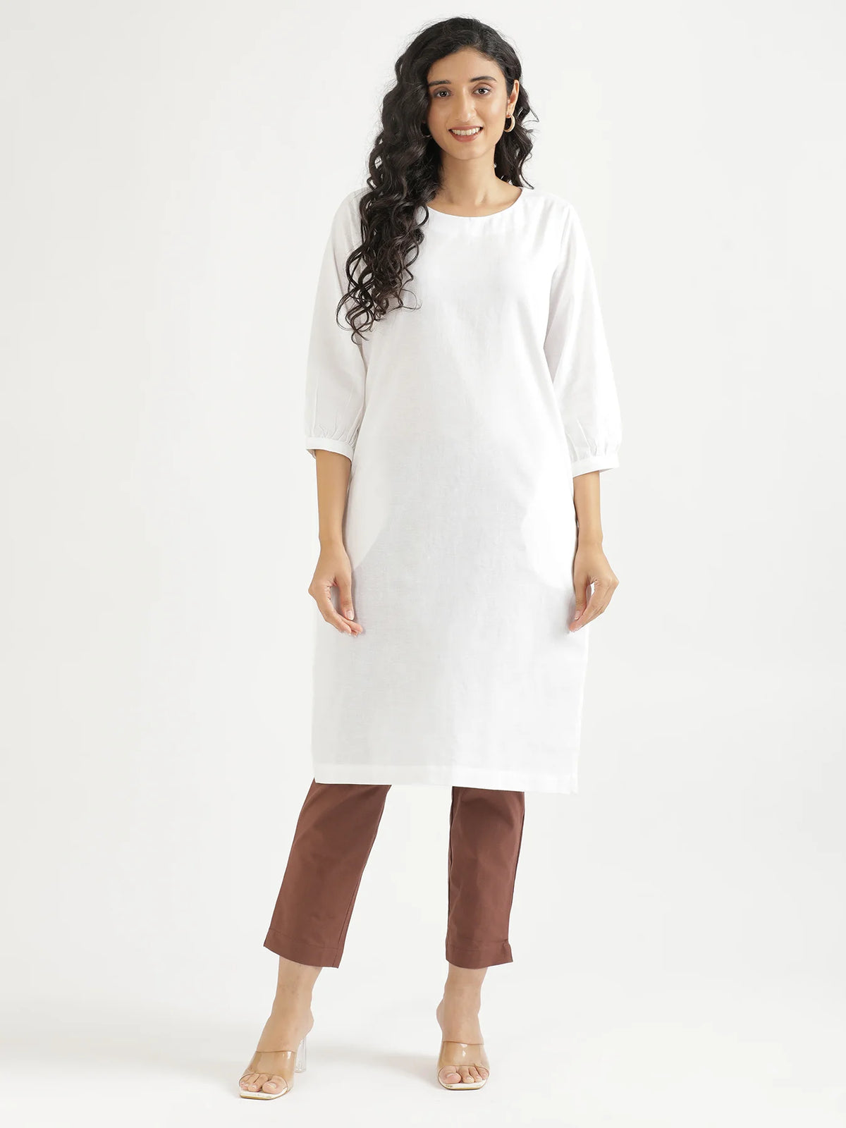 Women White Airy Linen Puff Sleeve Long Kurta