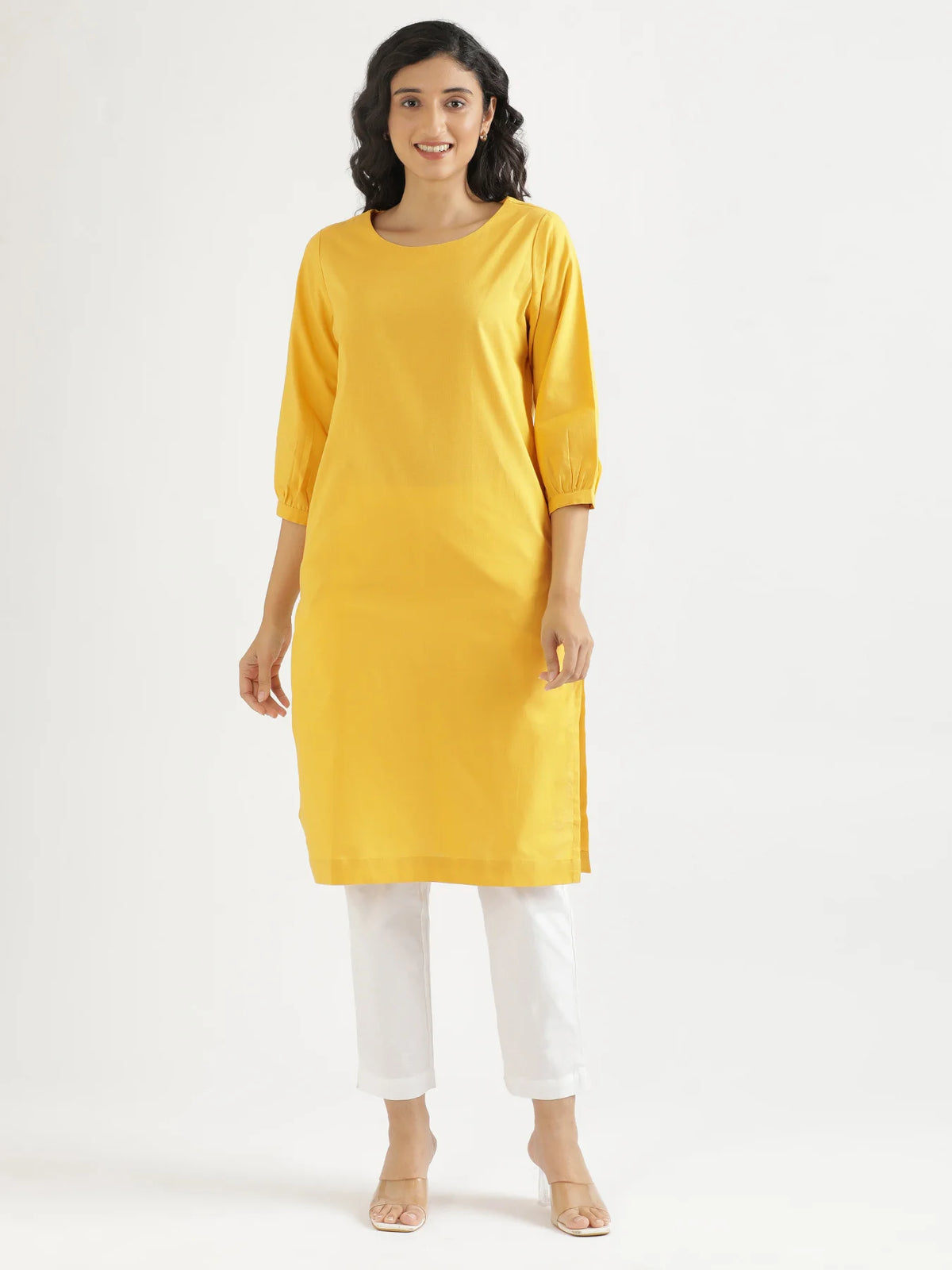 Women Yellow Airy Linen Puff Sleeve Long Kurta