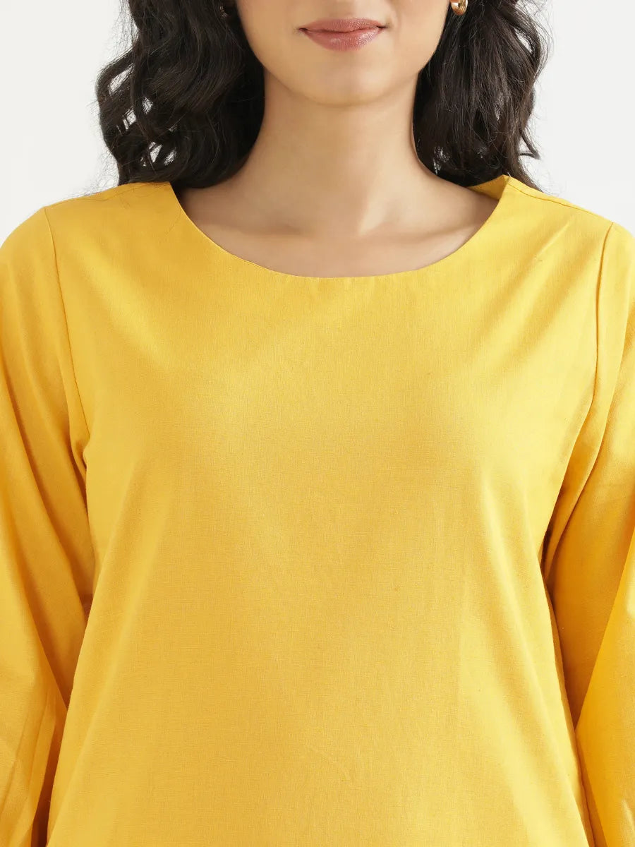 Women Yellow Airy Linen Puff Sleeve Long Kurta