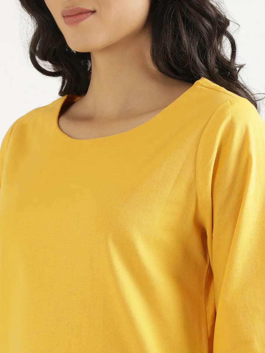 Women Yellow Airy Linen Puff Sleeve Long Kurta