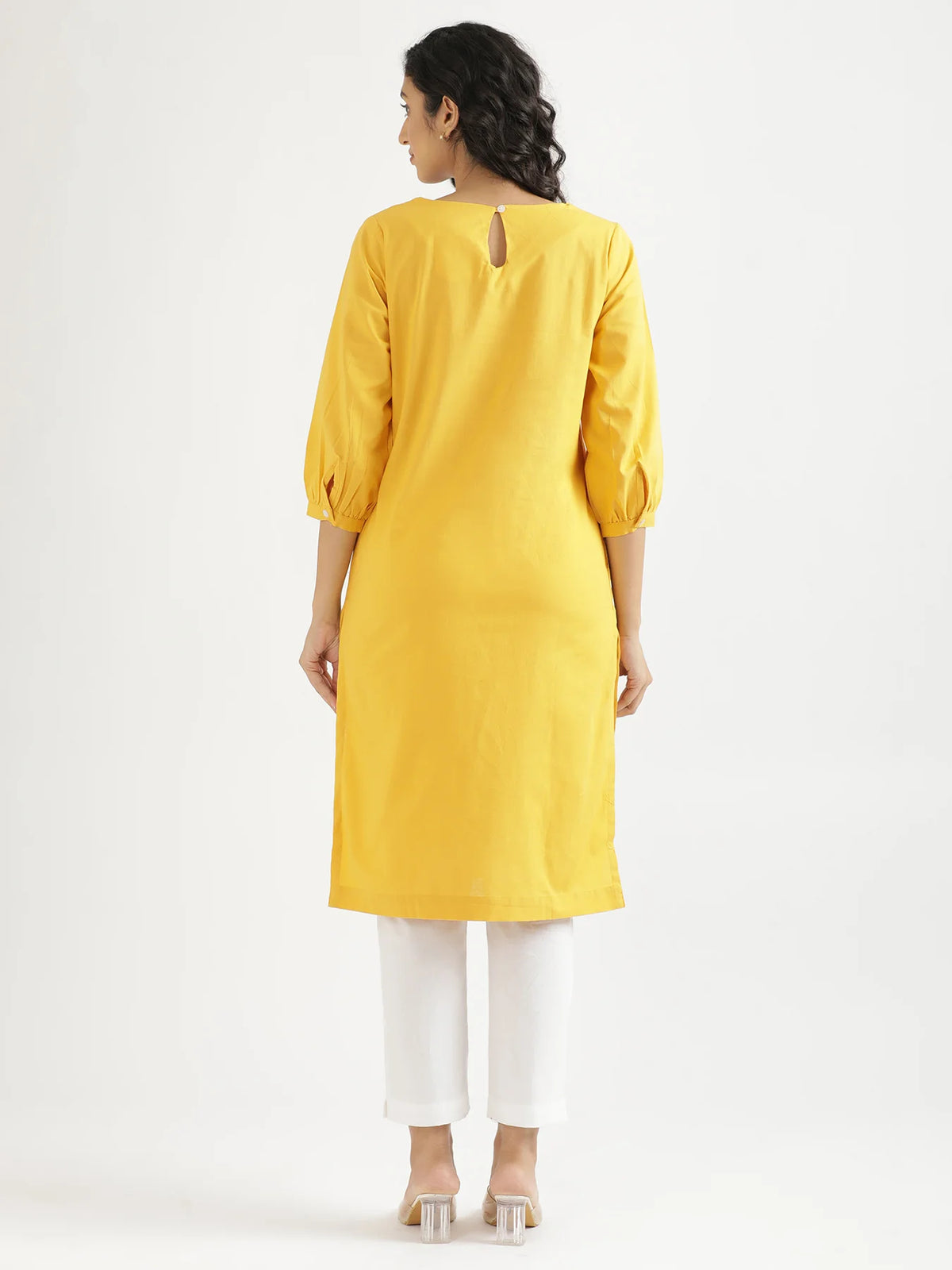 Women Yellow Airy Linen Puff Sleeve Long Kurta
