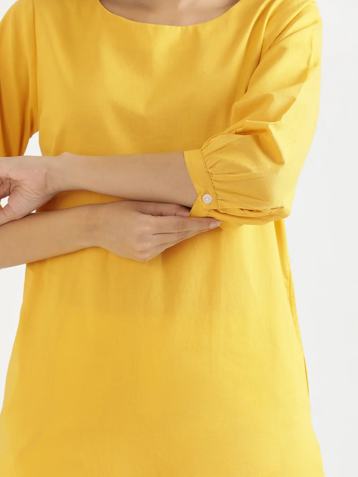 Women Yellow Airy Linen Puff Sleeve Long Kurta