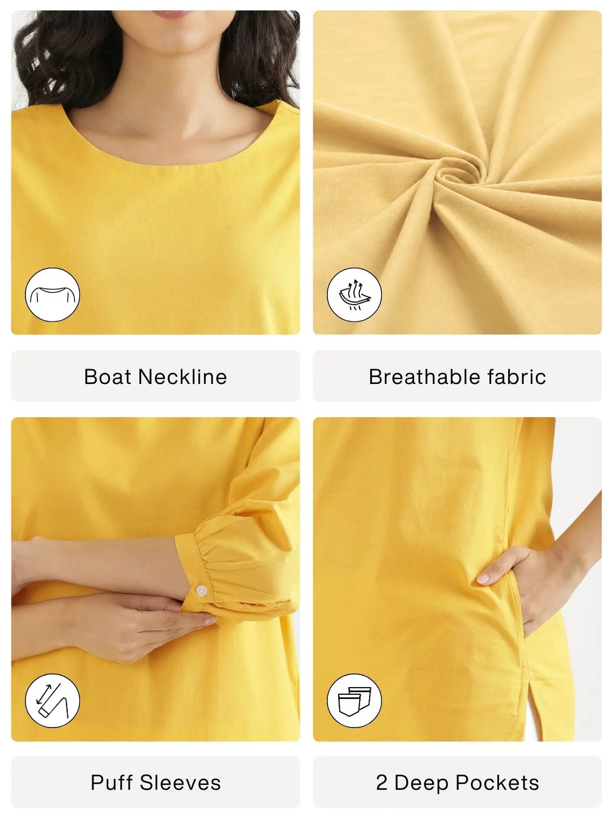 Women Yellow Airy Linen Puff Sleeve Long Kurta