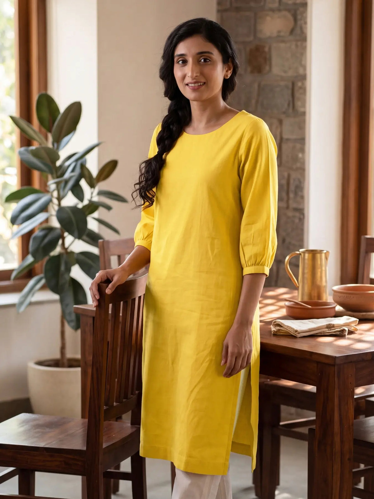 Women Yellow Airy Linen Puff Sleeve Long Kurta